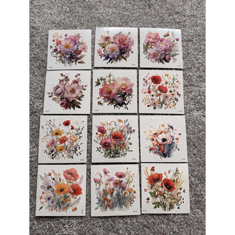 12 Pc Lot Everjoy 3"x3" Body Art Floral Temporary Tattoo Sticker Waterproof